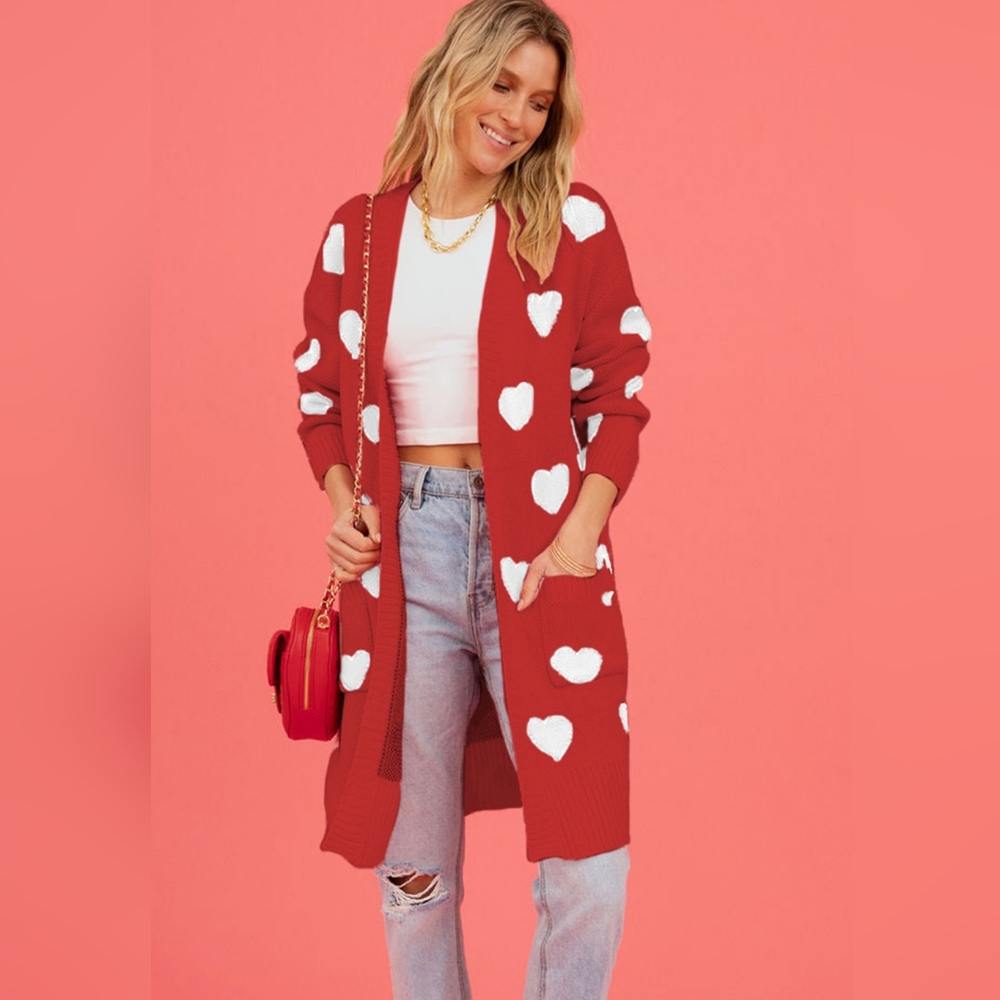 Contrasting Heart Knit Open Front Longline Pocket Sweater Cardigan Valentine - Picture 7 of 9
